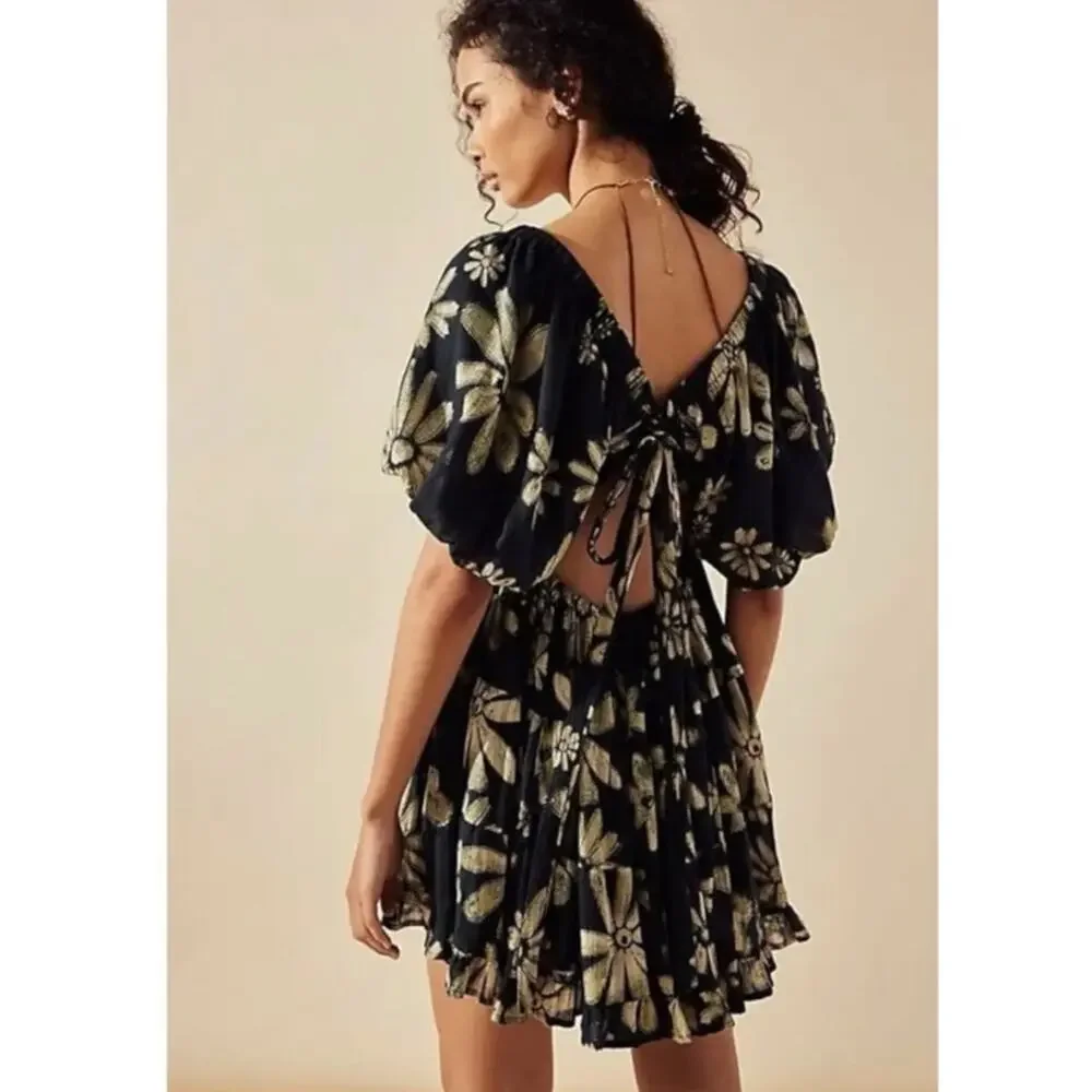 Free People Bohemian Floral Flutter Sleeve Perfect Day Printed Mini Dress Medium - Picture 4 of 16